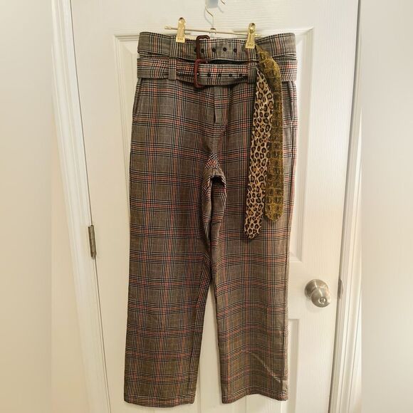R13 Women's Plaid Cropped Pants with Leopard Belt - Picture 4 of 13